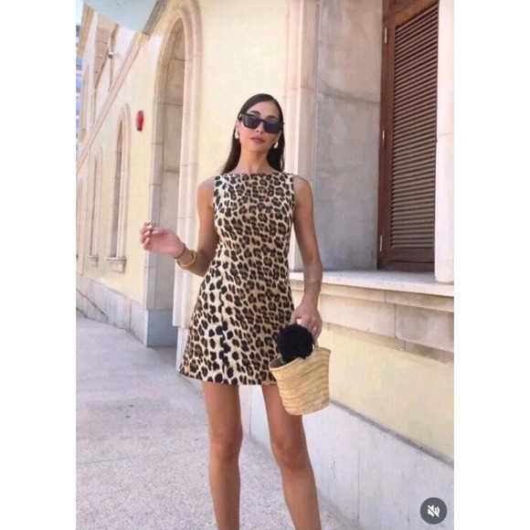 Zara ZW Collection Cream Tan Brown Leopard Print Sleeveless Mini Dress Size S - Picture 8 of 16